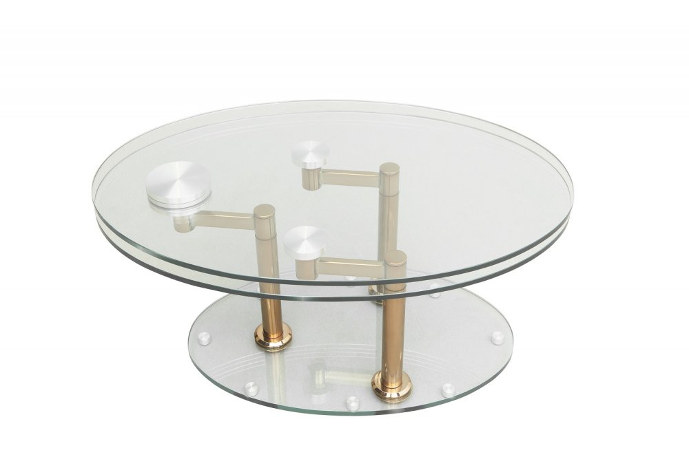 Table basse DOUBLE COOPER Ã  plateaux pivotants en verre et piétement cuivre